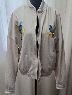 Women's Embroidered Bird Bomber Jacket - Cream